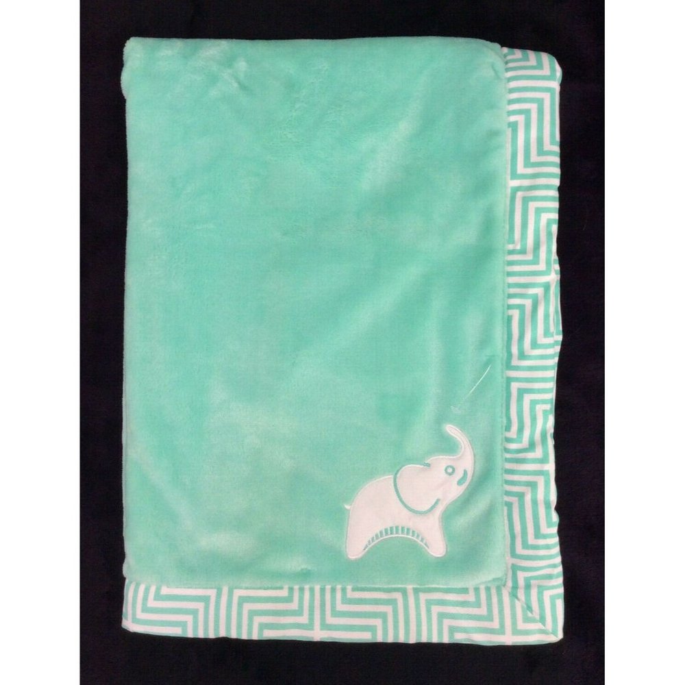 Fisher Price Elephant Baby Blanket Mint Green‎ Aqua Striped Edges